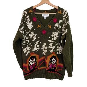 Vtg Studio Michelle Stuart Medium Floral V-Neck Olive Sweater Twee Cottagecore